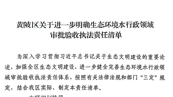 黃陂區關于進一步明確生態環境水行政領域審批驗收執行責任清單